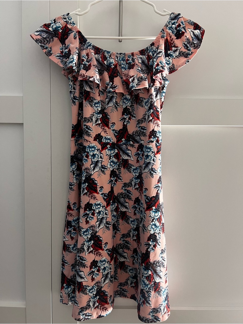 1st Kiss Pink Floral Ruffle Off-Shoulder Dress with Blue and Red Accents